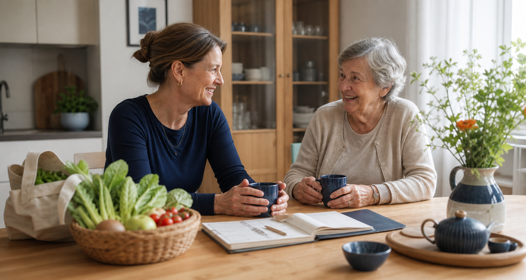 Alltagsbegleiterin im freundlichen Gespräch mit einer Seniorin